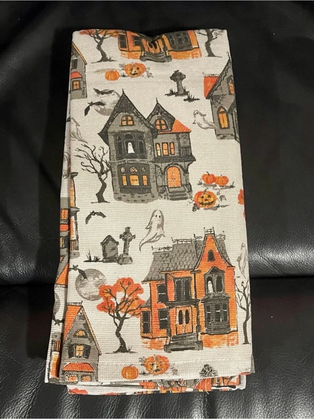 Cynthia Rowley Halloween Haunted House Kitchen Towels - Orange, Gray & Black